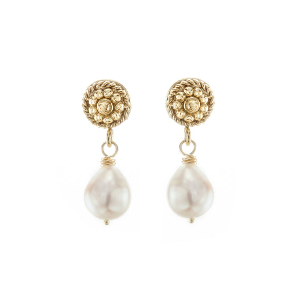 Pearl & Yellow Gold Flower Twist Earrings