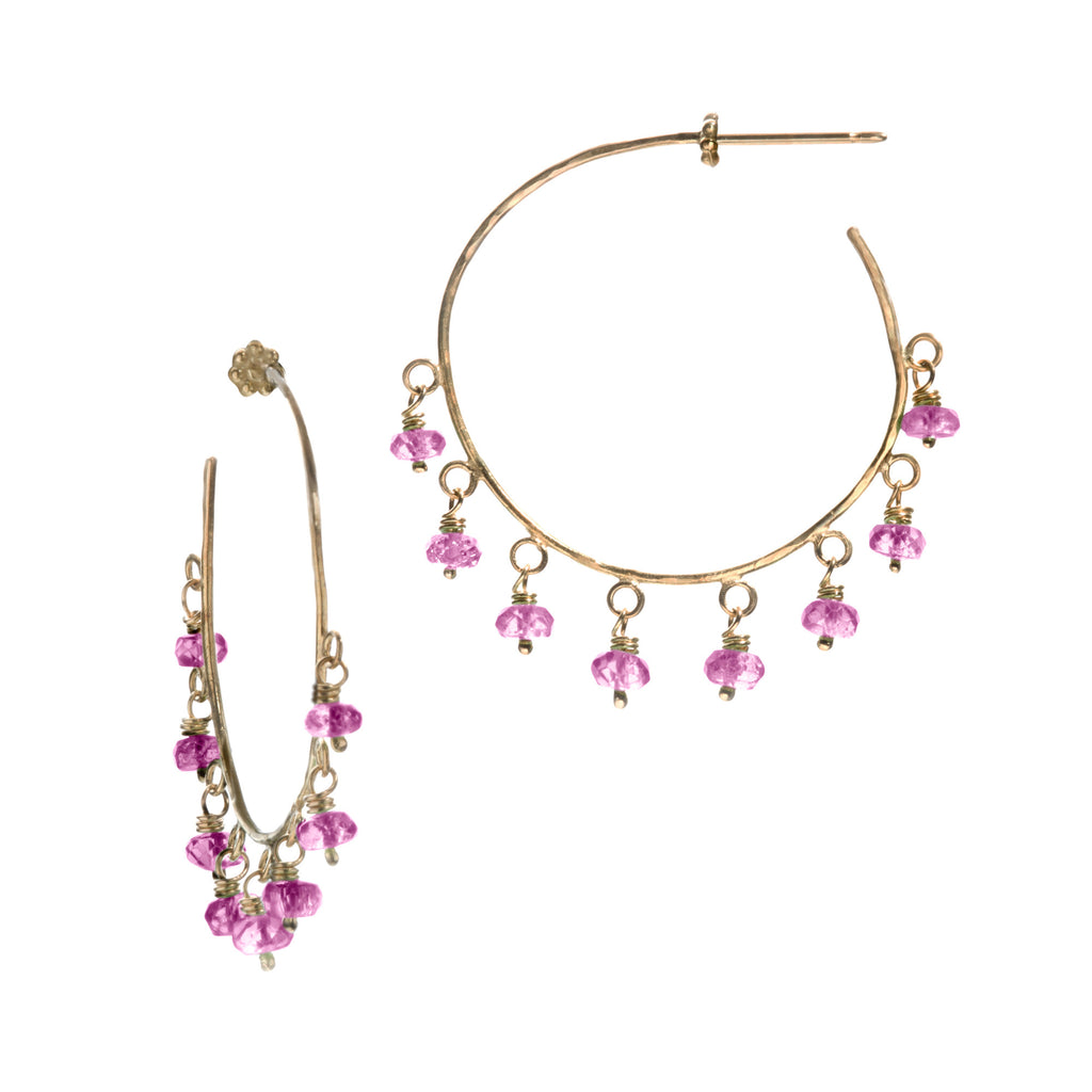 Pink Sapphire & Yellow Gold Robin Hammered Hoop Earrings