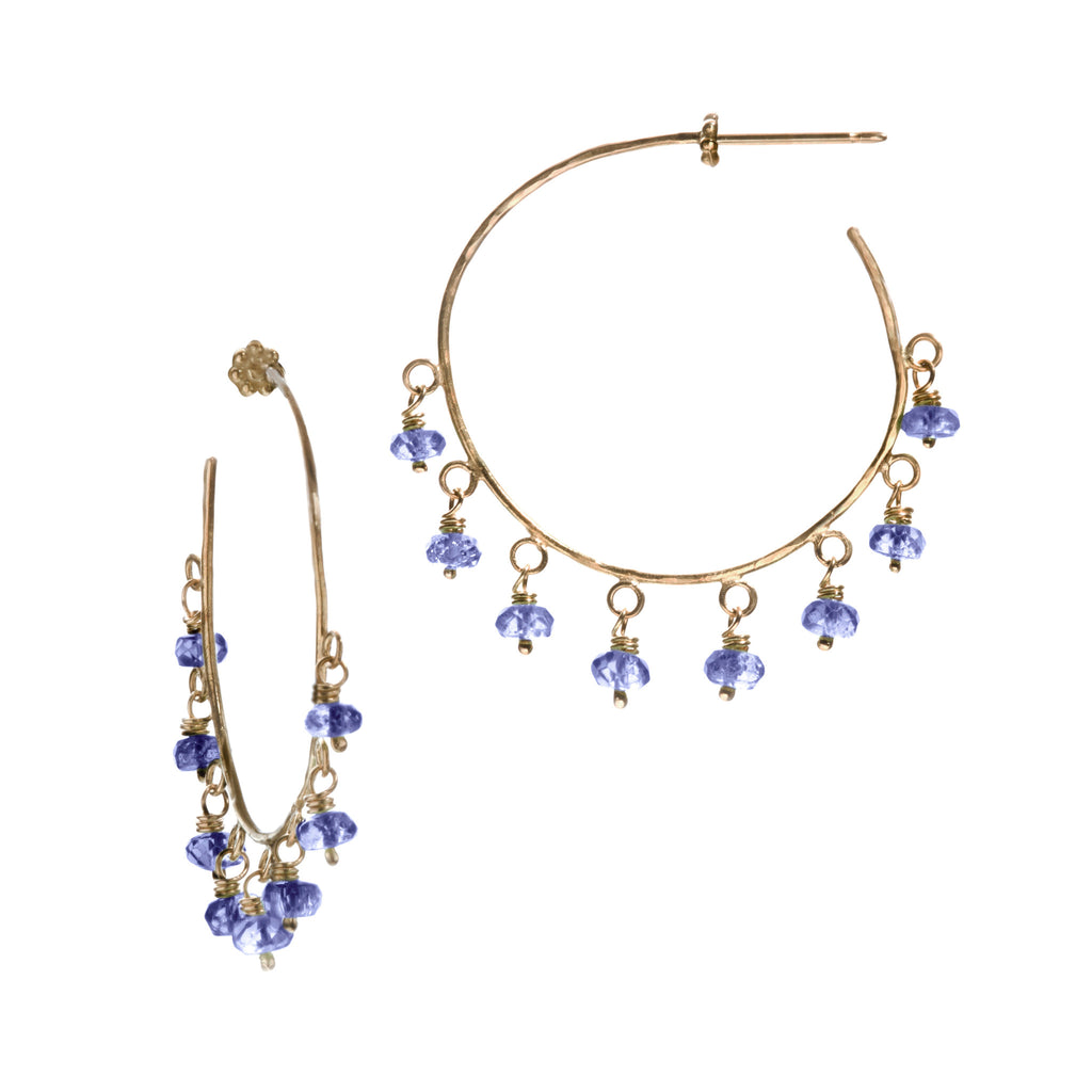 Blue Sapphire & Yellow Gold Robin Hammered Hoop Earrings