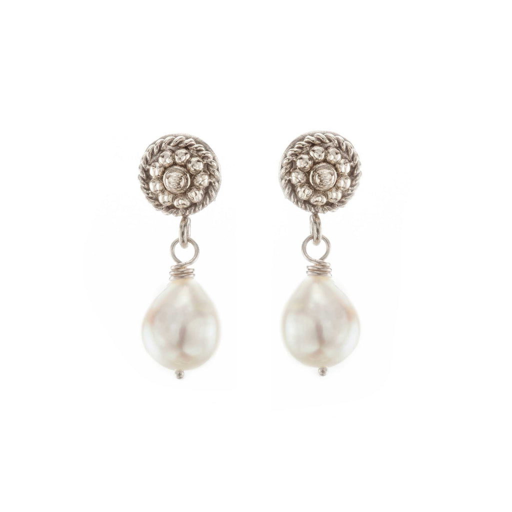 Pearl & White Gold Flower Twist Earrings
